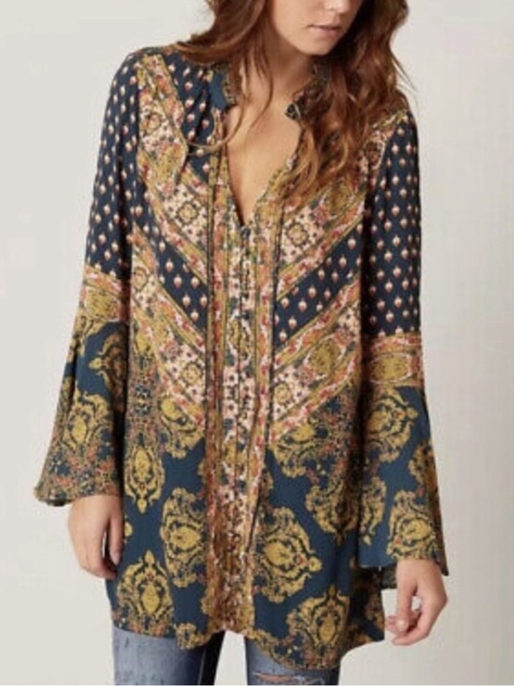 FREE PEOPLE Magic Mystery Tunic Paisley Print Flared Sleeves Button Front Sz XS
